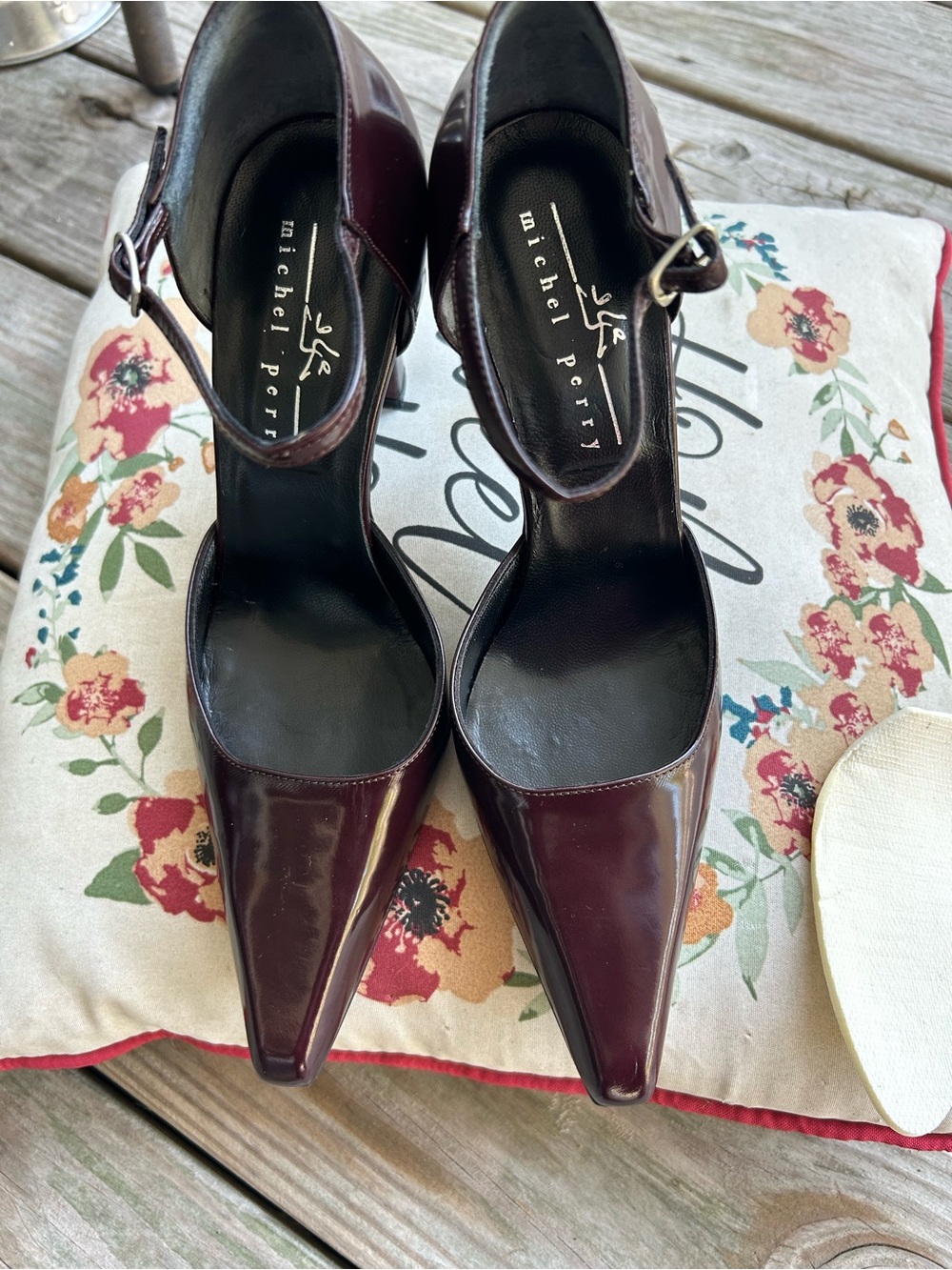 Michel Perry Burgundy Patent Pointed-Toe Ankle-Strap Heels